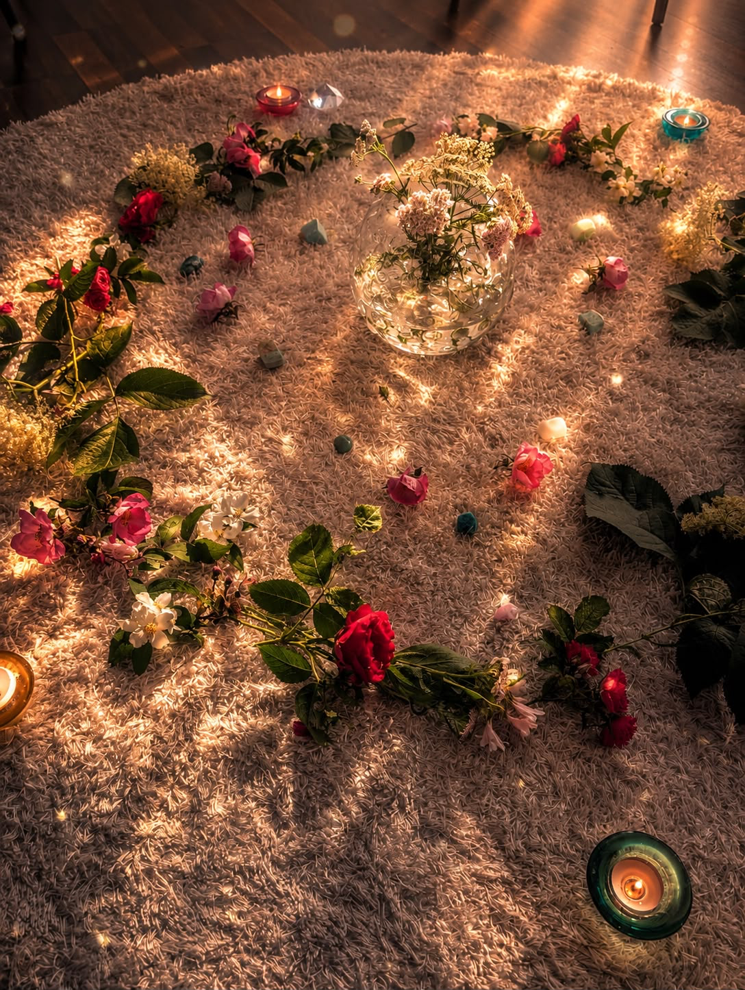 Blomstercirkel med ljus och kristaller på matta